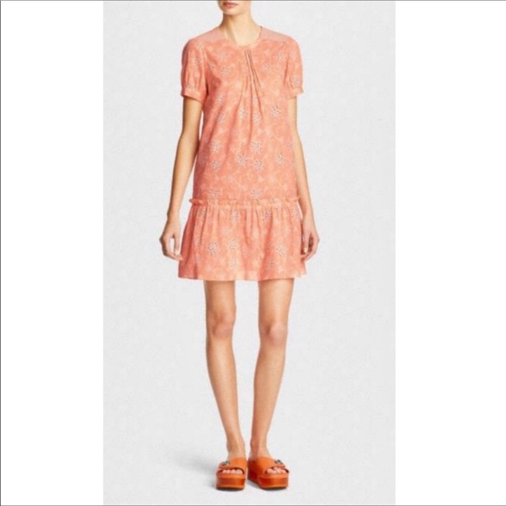 Coach Peach/White Embroidered Cotton Floral Dress,Drop Waist Hemline NWT.